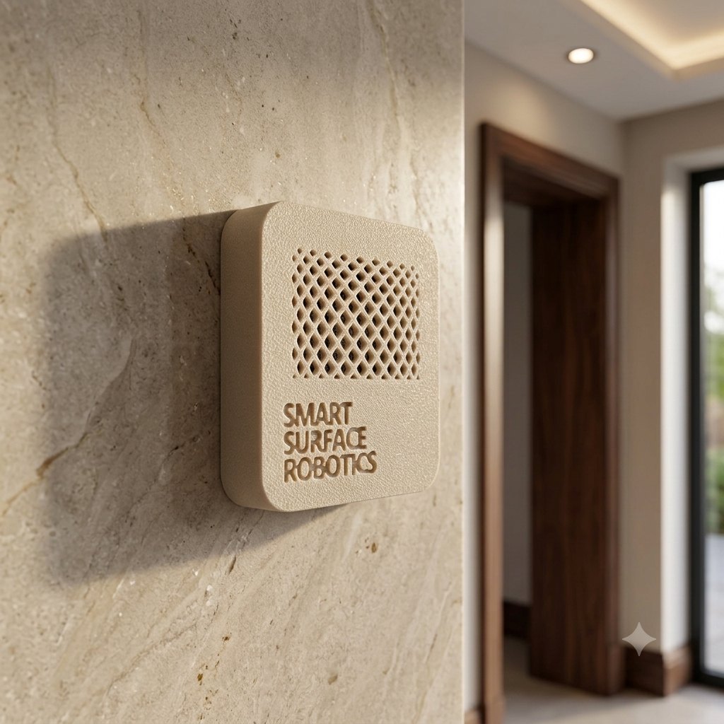 Environmental Sentinel sensor node mounted on a stone wall in a modern residential hallway